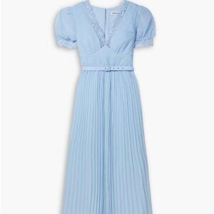 NWT Self-Portrait Belted pleated guipure lace-trimmed chiffon maxi dress
